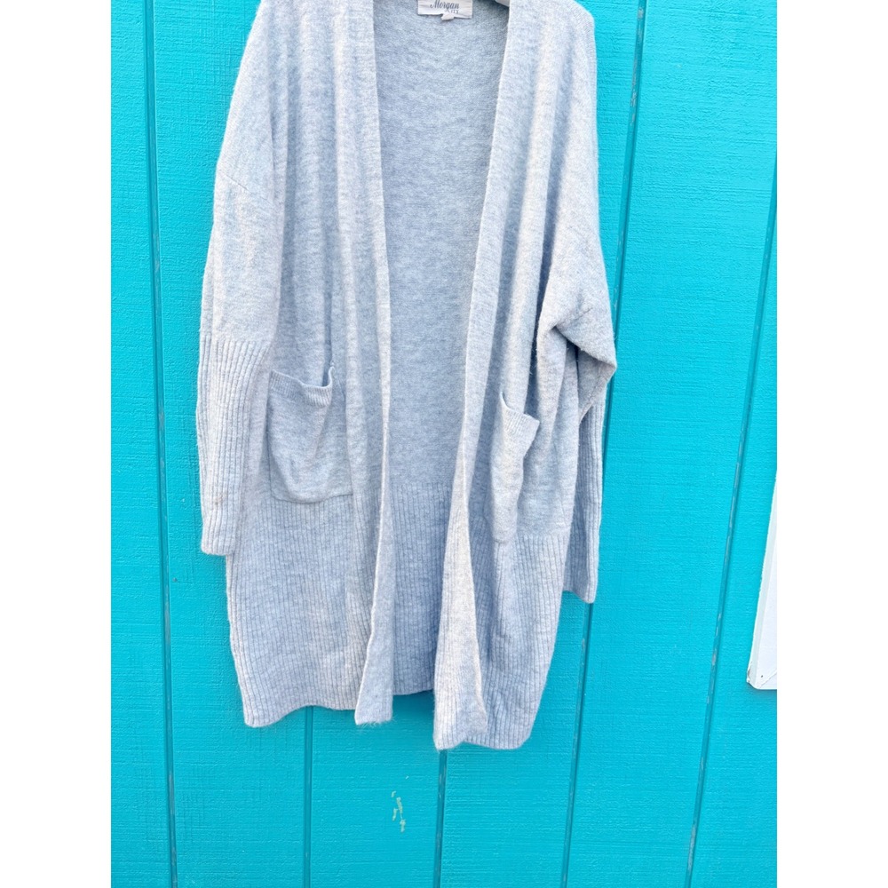 Morgan City Womens Open Front Cardigan Sweater Gray Ribbed Knit Pockets Large